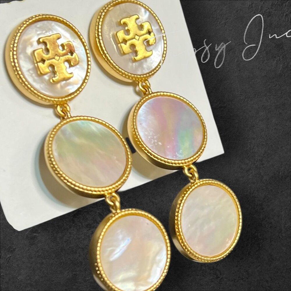 Tory Burch Mother of Pearl Gold Logo Drop Earrings - Picture 6 of 6